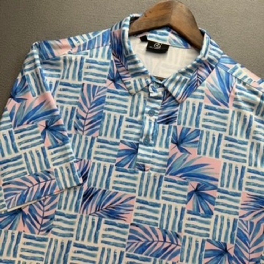GreenSide Golf Polo Mens XL Blue Palm Print Performance Stretch Short Sleeve